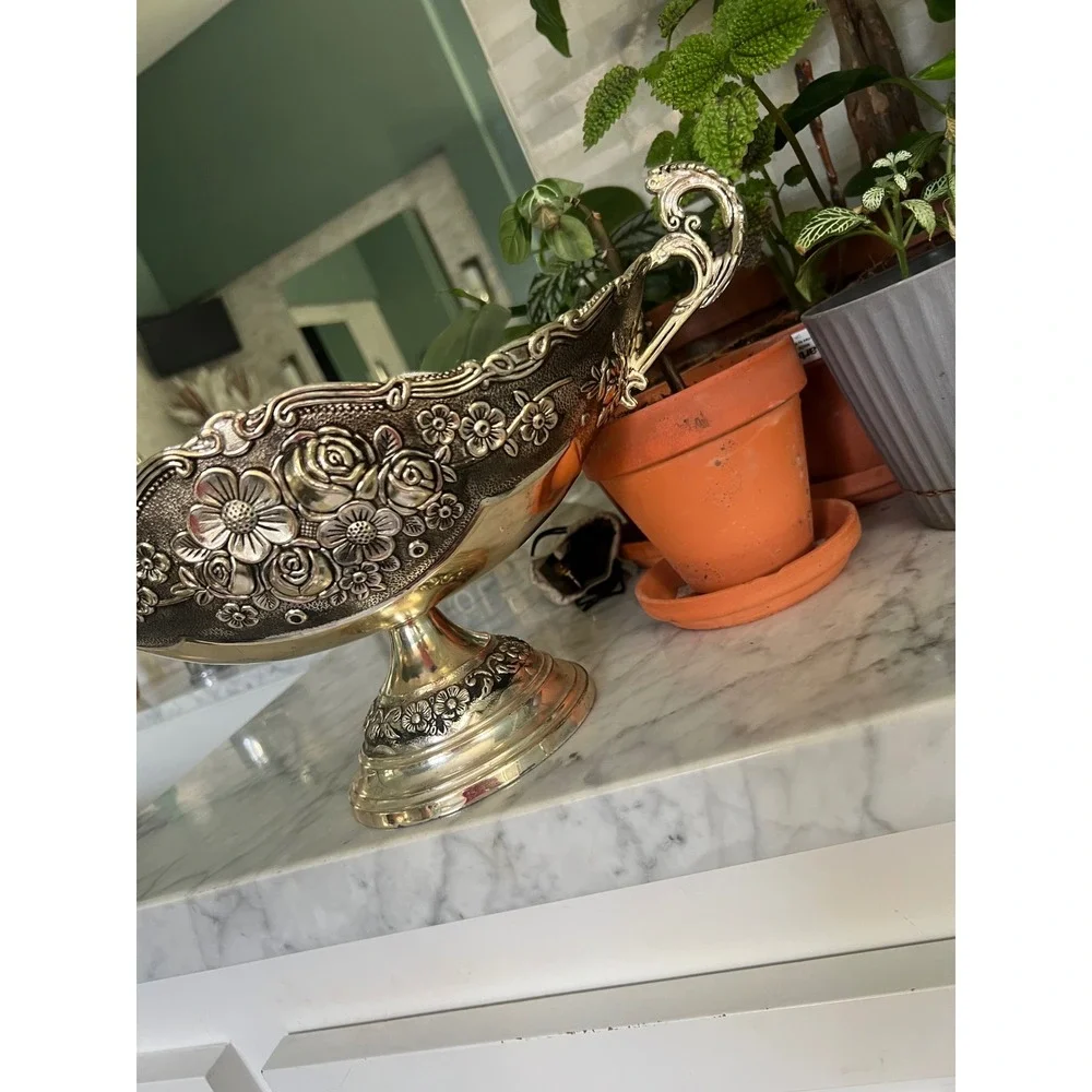 Vintage Silver Floral Embossed Footed Bowl Cache Pot Loving Cup w Handles